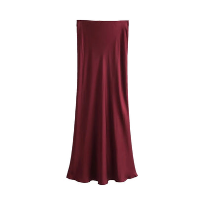 TRZA Women's Soft Touch Silk-Like Midi Skirt High Waist Elastic Waistband Chic Fashion Female Skirts Elegant Mujer