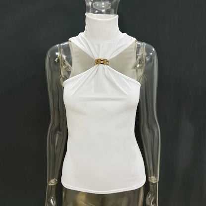 Trendix Fashion Metal Ring Tank Top Women 2025 Summer Y2k Solid Sleeveless Patchwork Tops Ladies Vacation Slim Party Elegant Top