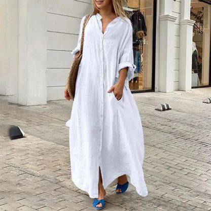Women's L-5XL Plus Size Oversized Summer Casual Loose Pocket Flip Collar Long Dress Solid Color Casual Button Loose Oversized