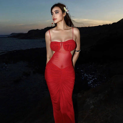 Sexy Off Shoulder Mesh See Through Maxi Dress Women Backless Ruched Elegant Gown 2025 Summer Night Prom Birthday Outfits