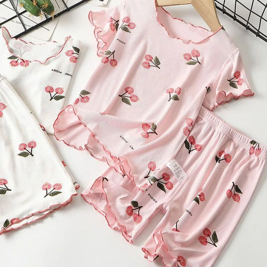 Girls Summer Pajama Set Cherry Blossom Print 4-Way Stretch Shorts & Tee Breathable Modal Blend for Bedtime and Playtime for 1-8Y