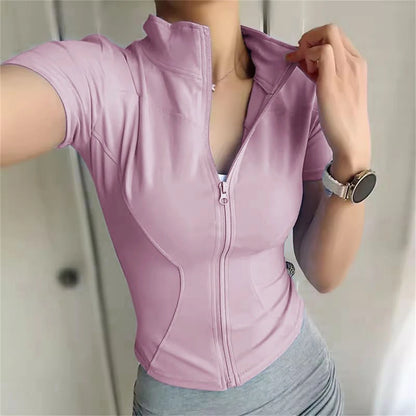 Women Summer Slim Yoga Tops Stand Collar Full Zipper Short Sleeves Shirts Solid Workout Clothes Gym Running Coats Lady Casual