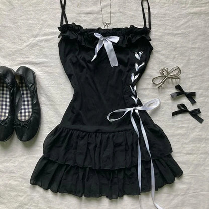 Gothic Harajuku Vintage Y2K Women's Dress Sexy Slim Chic Casual Lace-up Design Halter Neck Dresses Punk Rock Emo Girl Streetwear