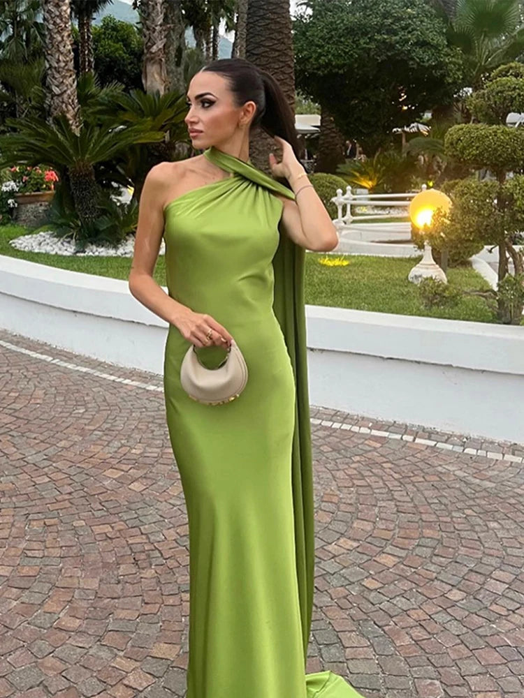 Elegant Solid Ribbon Women Halter Dress Off Shoulder Sleeveless Backless Slim Female Maxi Dresses 2025 Summer New Chic Lady Robe