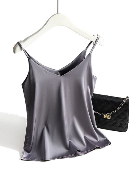 AOSSVIAO 2025 Spaghetti Strap Top Women Halter V Neck Basic White Cami Sleeveless Satin Silk Tank Tops Women'S Summer Camisole