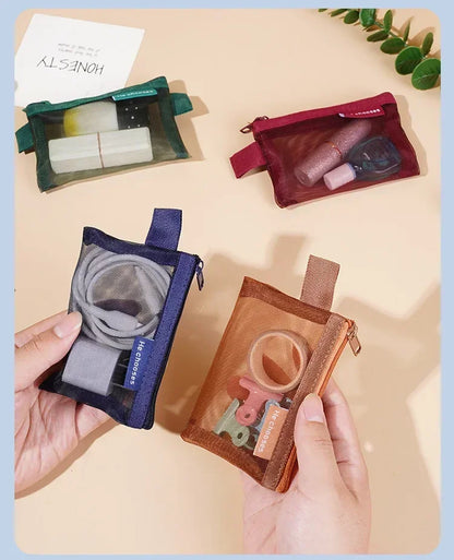 Small Square Solid Color Coin Bag Nylon Mesh Lipstick Key Earphone Organizer Holder Bus Bank ID Credit Cards Pouch Case Storage