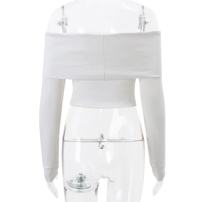 WhereMery Elegant Off Shoulder Ribbed Crop Tops Summer Fashion Casual Solid Skinny Long Sleeve Women's Gentle Y2K Tight T-shirts