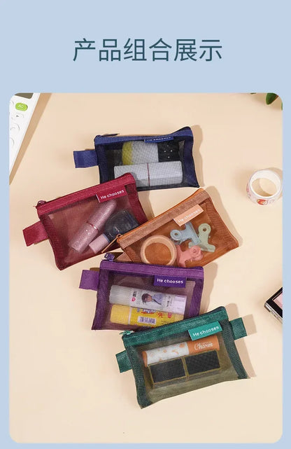 Small Square Solid Color Coin Bag Nylon Mesh Lipstick Key Earphone Organizer Holder Bus Bank ID Credit Cards Pouch Case Storage