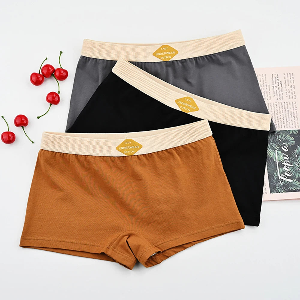 3PCS/Pack 100% Cotton Multicolor Solid Women's Boxer Knit Breathable Panties Underwear Soft High Elastic Mid-rise Thin Boyshorts