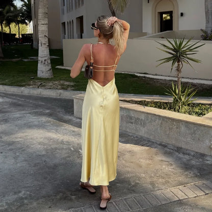 Yellow Elegant Stain Women's Sling Dress Sexy Backless Sleeveless V Neck High Waist Evening Gown Summer Chic Lady Partywear 2025