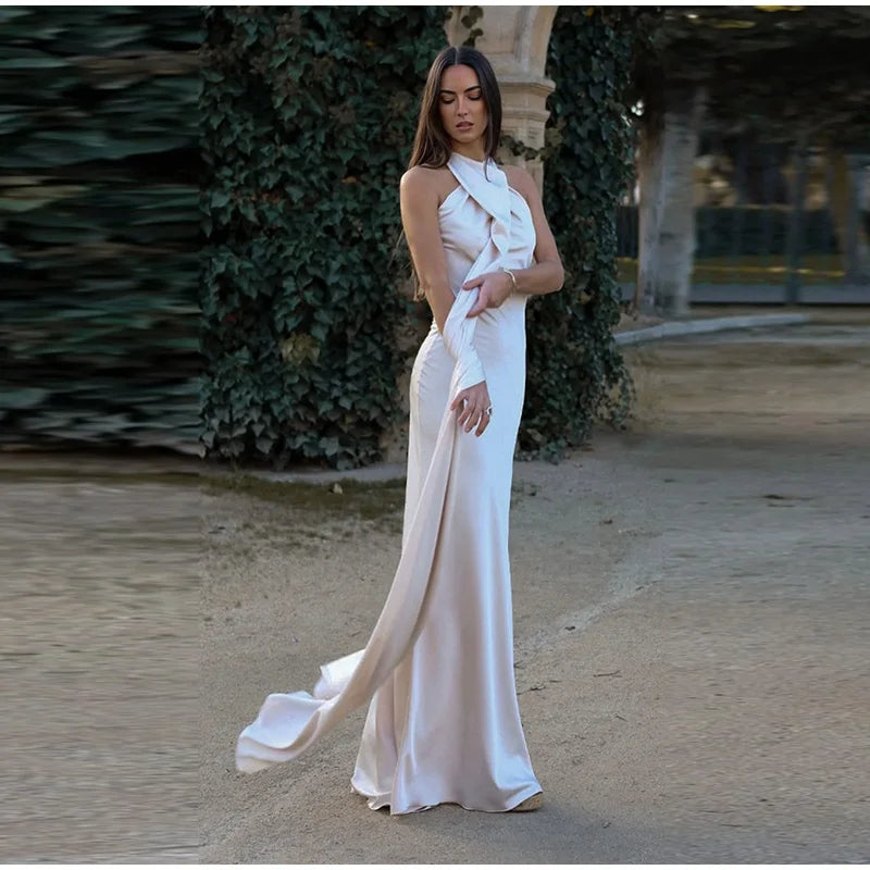 Elegant Solid Ribbon Women Halter Dress Off Shoulder Sleeveless Backless Slim Female Maxi Dresses 2025 Summer New Chic Lady Robe