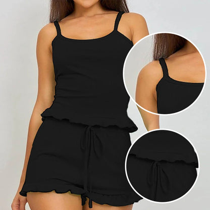 Summer Two-Piece Solid Color Sleepwear Round Neck Sexy Suspender Ribbed Knitted Pleated Vest Shorts Casual Women's Sleepwear Set