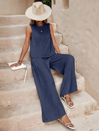 QX Womens Sleeveless Summer 2025 Pants Suit Flash Sale Solid Color Elegant Two Piece Round Neck Suit