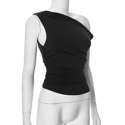 Simple Basic Casual Summer Tank Top Sleeveless Solid Color Off Shoulder Side Ruched Crop Tops Vestidos Spring Women T S