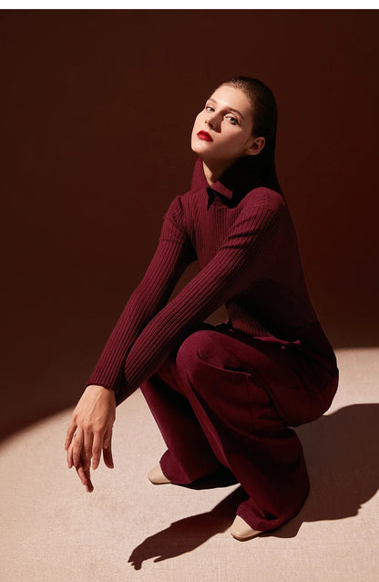 Amii Minimalism 2024 Sweater for Women Autumn New Office Lady Basic Lapel Striped Slim Knitted Tops Solid Trendy Blouse 12444058