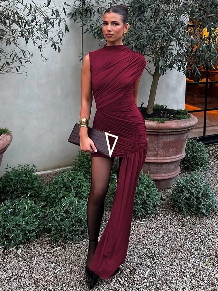 Balitops Summer Draped Ruched Sexy Mini Dress Women 2025 New Irregular High Waist Slim Fit Dress Female Elegant Club Tank Dress