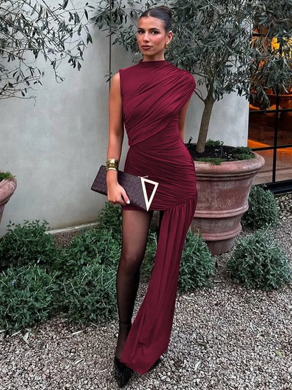 Balitops Summer Draped Ruched Sexy Mini Dress Women 2025 New Irregular High Waist Slim Fit Dress Female Elegant Club Tank Dress
