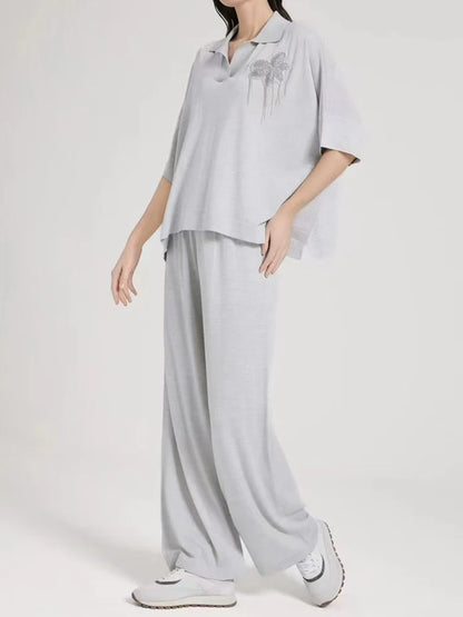 25 Italy Classic Old Money Style Silk Sheep Wool Suit Women's Animal Embroidery Summer Elegant Travel Short Sleeve Wide Pants