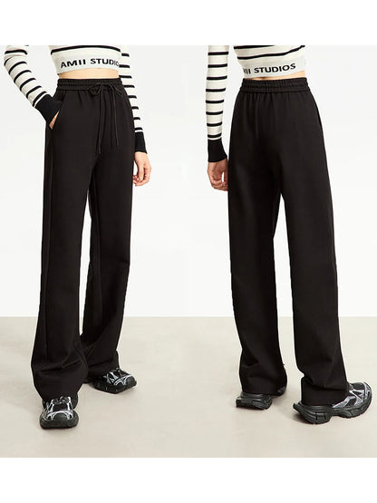 AMII Minimalism Casual Pants for Women 2025 Spring Wide Leg New Loose Vertical Elastic Waist Drawstring Sporty Trousers 12343338