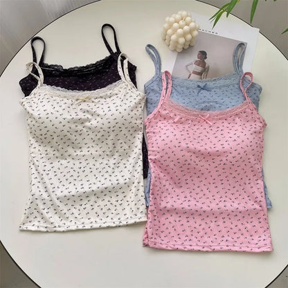 Summer Print Crop Tops for Women Bow Lace Camisole Sexy Backless Vest with Padded Basic Tank Top Bm Style Camis Y2k Streetwear