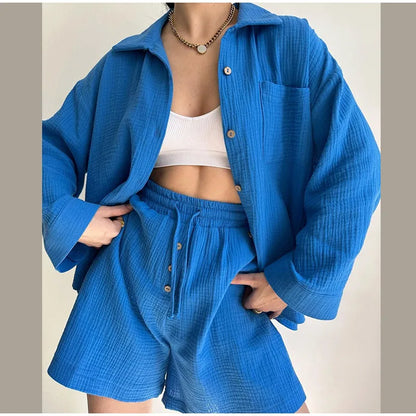Classic Solid Shirt Pants Set Women Casual Loose Long Sleeved Lapel Elastic Waist Two Piece Suit 2025 New Summer Street Outfit