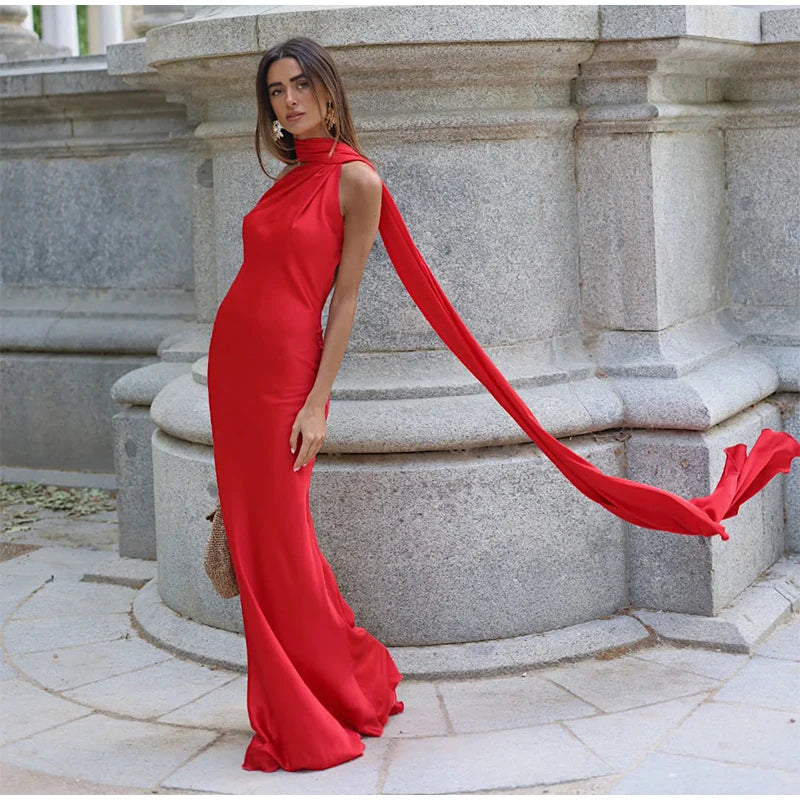 Elegant Solid Ribbon Women Halter Dress Off Shoulder Sleeveless Backless Slim Female Maxi Dresses 2025 Summer New Chic Lady Robe