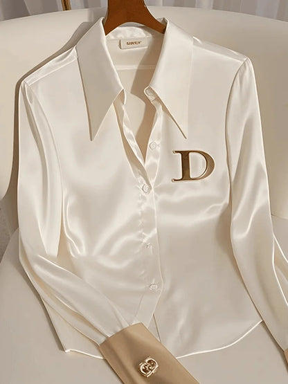 Elegant French Women's Pink/White Satin Shirt Turn-down Collar Long Sleeve Blouse Spring Autumn for Women Casual Office Lady New