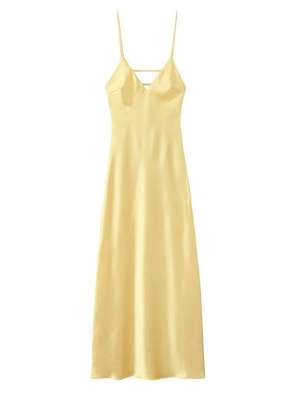 Yellow Elegant Stain Women's Sling Dress Sexy Backless Sleeveless V Neck High Waist Evening Gown Summer Chic Lady Partywear 2025