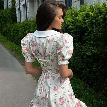 Tornova Print Puff Sleeves Ruffled Dress Women's V-Neck High Waist Pearl Buttons Mini Dress Female Casual Vacation Fashion Dress