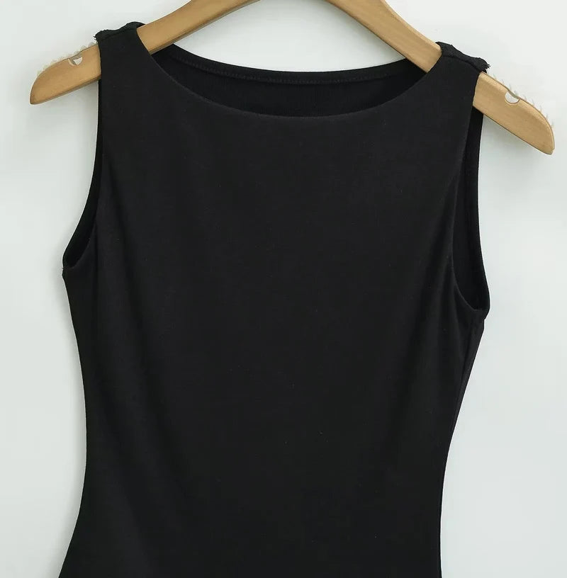 Women Double Layer Boat Neck Soft Slinky Tank Top