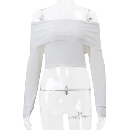 WhereMery Elegant Off Shoulder Ribbed Crop Tops Summer Fashion Casual Solid Skinny Long Sleeve Women's Gentle Y2K Tight T-shirts