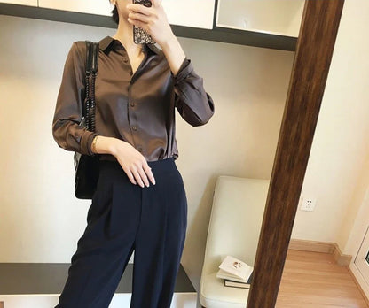 Silk Brown Clothes Wear To Work Office Outfits Long Sleeve Purple Spring Formal Tops for Women Satin Womens Shirt & Blouse Cool