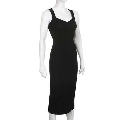 CIBBAR Basic Knit Long Dress Korean Fashion Square Collar Sleeveless Women's Dresses Summer Casual Y2k Vintage All-match Outfits