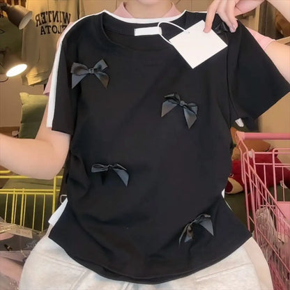 Elegant Ballet Bowknot T Shirts Round Collar Japanese Style Women Top Solid Color Short Sleeve Ribbon Crop Tank Top Women Girl