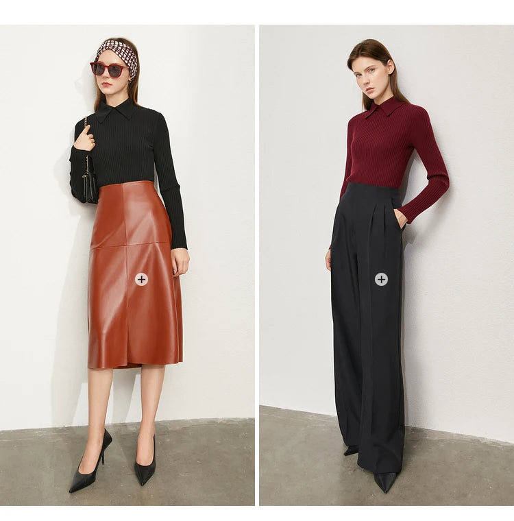 Amii Minimalism 2024 Sweater for Women Autumn New Office Lady Basic Lapel Striped Slim Knitted Tops Solid Trendy Blouse 12444058