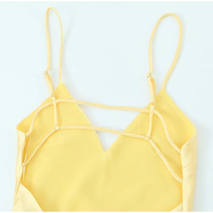 Yellow Elegant Stain Women's Sling Dress Sexy Backless Sleeveless V Neck High Waist Evening Gown Summer Chic Lady Partywear 2025