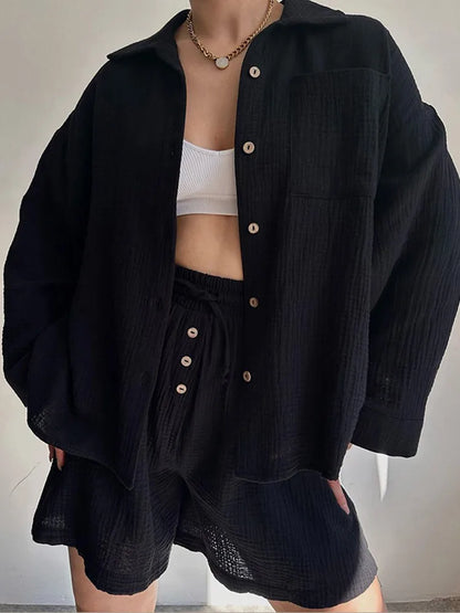 Classic Solid Shirt Pants Set Women Casual Loose Long Sleeved Lapel Elastic Waist Two Piece Suit 2025 New Summer Street Outfit