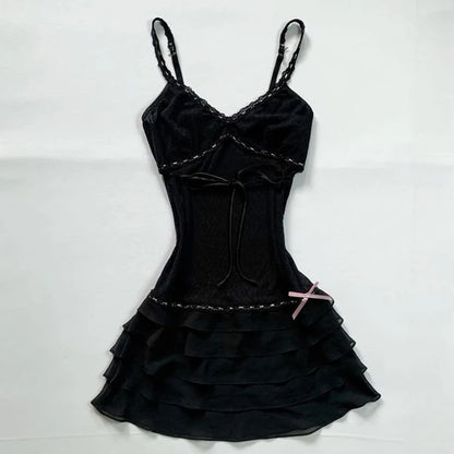 Gothic Harajuku Vintage Y2K Women's Dress Sexy Slim Chic Casual Lace-up Design Halter Neck Dresses Punk Rock Emo Girl Streetwear