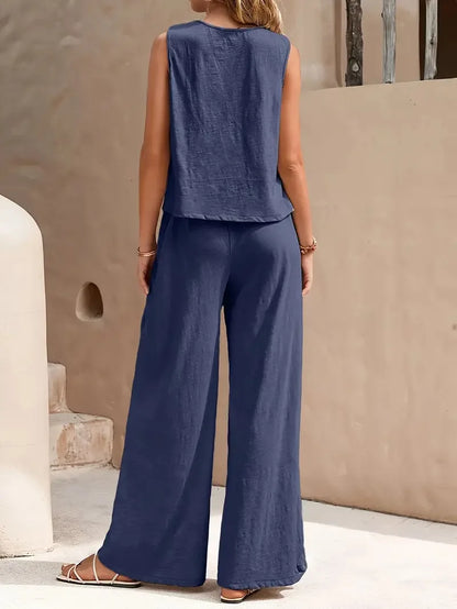 QX Womens Sleeveless Summer 2025 Pants Suit Flash Sale Solid Color Elegant Two Piece Round Neck Suit