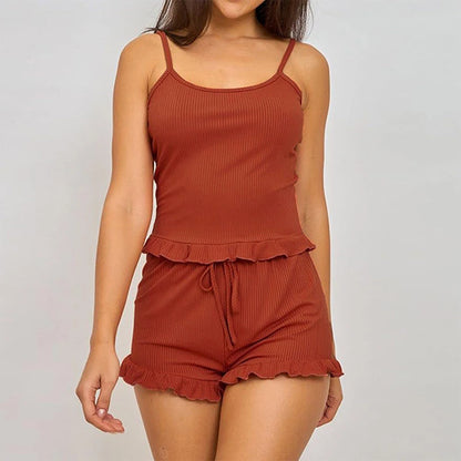 Summer Two-Piece Solid Color Sleepwear Round Neck Sexy Suspender Ribbed Knitted Pleated Vest Shorts Casual Women's Sleepwear Set