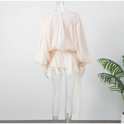 Fashion Women's Ruffles Short Dress Elegant Round Neck Lace Up Lantern Long Sleeve Mini Vestido Chic Female 2025 Solid Dresses