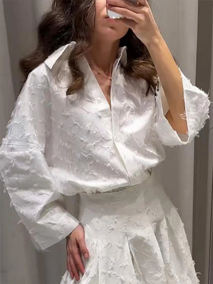 Elegant Shirt Skirt Set Women Lapel Long Sleeve Loose T-shirt High Waist Pleated Long Skirts Suits 2025 Summer Street Lady Sets
