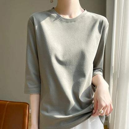 Spring And Summer New White Mercerized Cotton Short Sleeve T-Shirt Feminine Joker Cotton Cropped Sleeve Bottoming Shirt