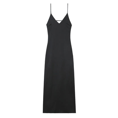 TRAFZA Women Summer Yellow Stain V Neck Sling Dress Elegant Sleeveless Loose Maxi Robes 2025 New Ladies Party Holiday Dresses