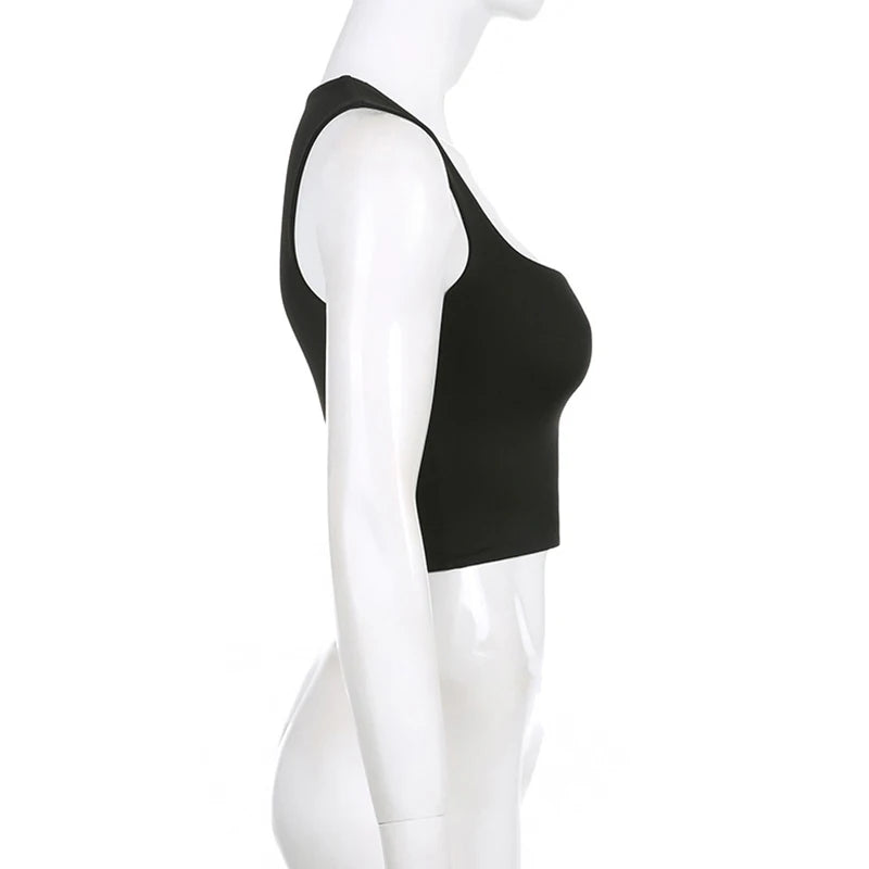 Sleeveless  Collar Crop Top Women Tank Tops Casual   Y2K  Summer 2024  Black T Shirts Sexy
