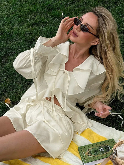 Fashion Solid Women 2 Piece Set Casual Flare Sleeve Lotus Leaf Edge Lace Up Mesh Sheer Shorts Suit 2025 New Lady Commute Outfit