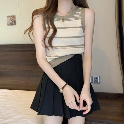 Knitted striped camisole women's summer outer wear French off-shoulder short sleeveless top versatile and trendy