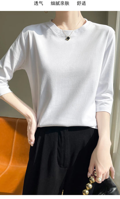 Spring And Summer New White Mercerized Cotton Short Sleeve T-Shirt Feminine Joker Cotton Cropped Sleeve Bottoming Shirt