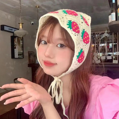Korean Sweet Cute Handmade Crochet Hollow Triangle Headband Towel Women Spring and Summer Travel Literary Photo Hair Scarf