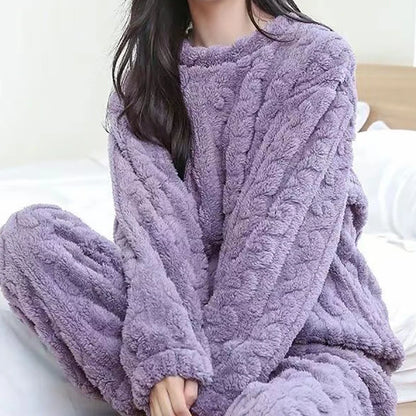 Autumn Women Solid Warm 1/2 Piece Sets Thicken Velvet Ribbed Fleece Set Pullover And Pants Women Casual Pajama Sets 2025